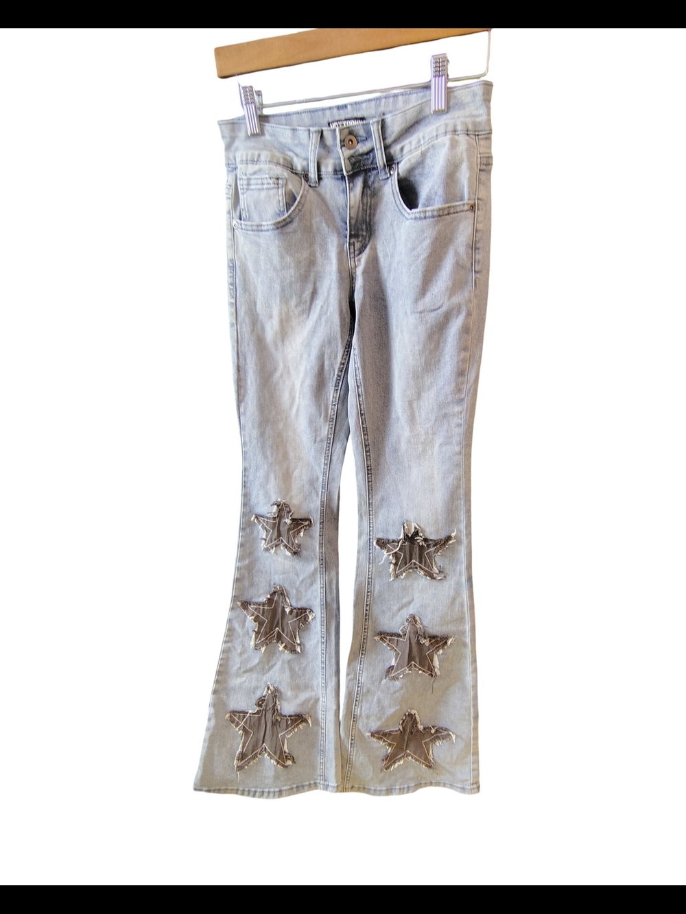 Hot Topic Light Blue Flare Jeans with Silver Star Patches